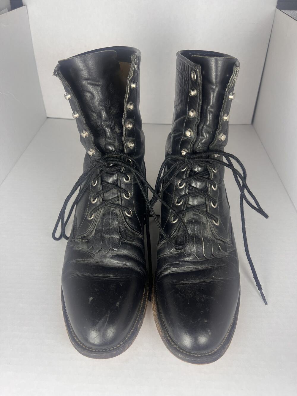 Vintage Justin 506 Black Leather Kiltie Lacer Boots 9.5B USA